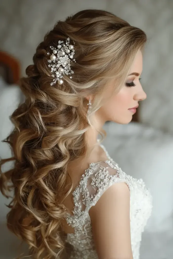 Bride with pearl accents in curly wedding hair