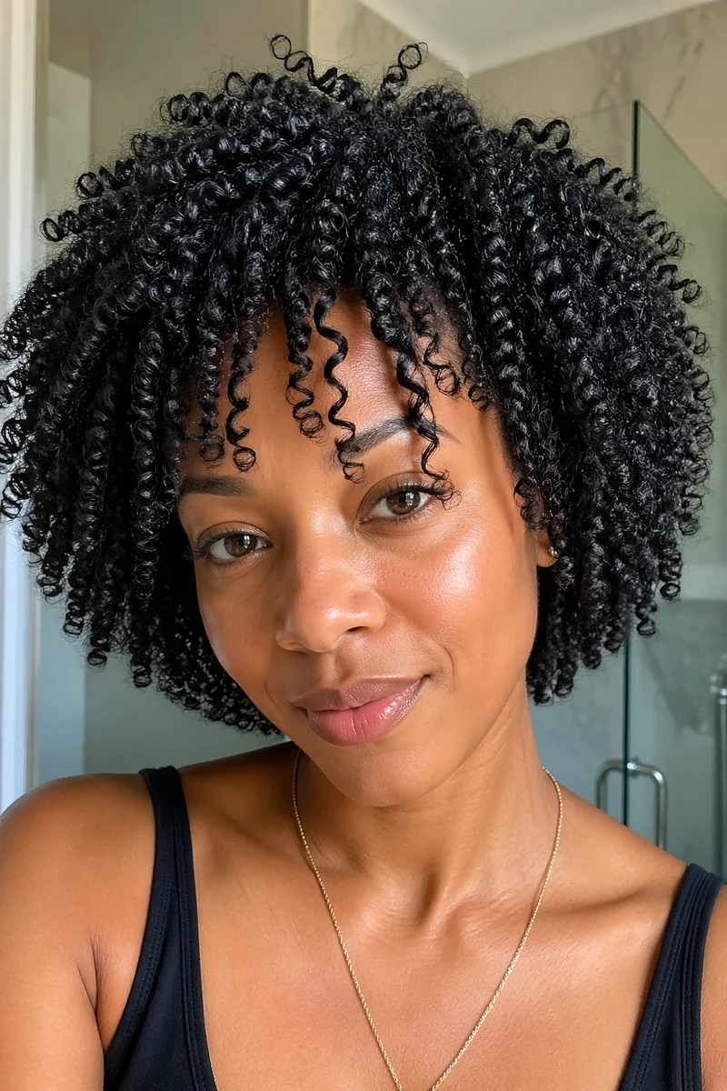 Woman with a wash and go curly hairstyle