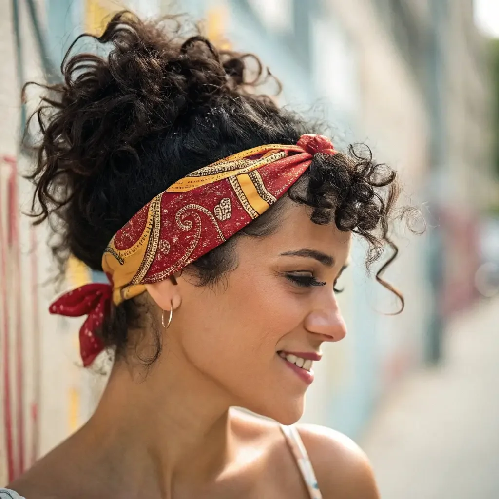 Woman with a bandana tied back in curly hair