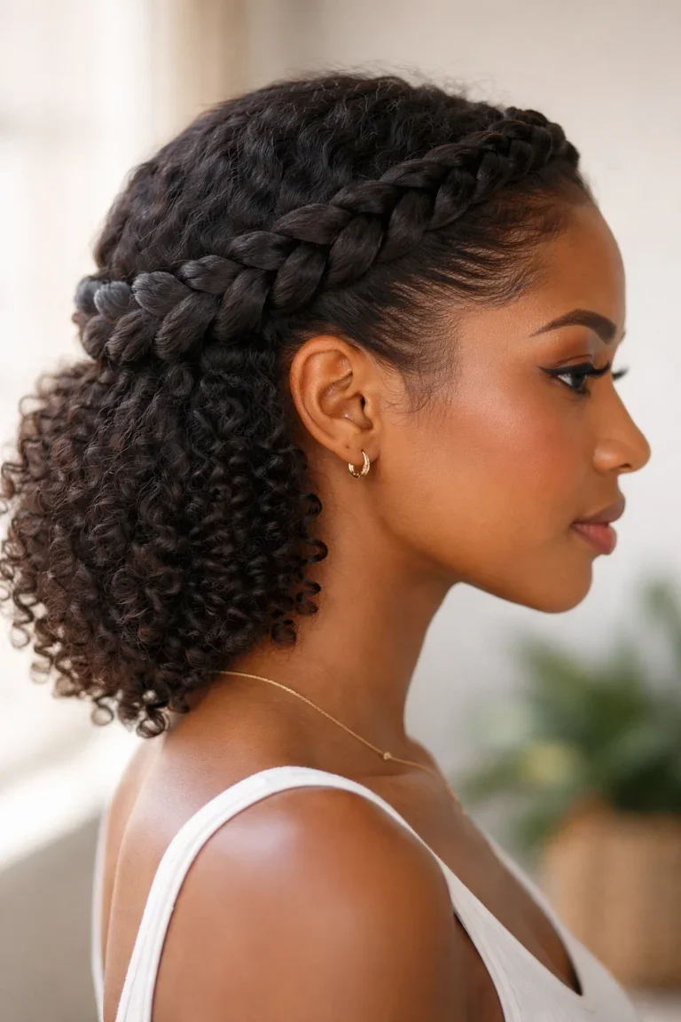 Woman with a braided crown wrap in curly hair