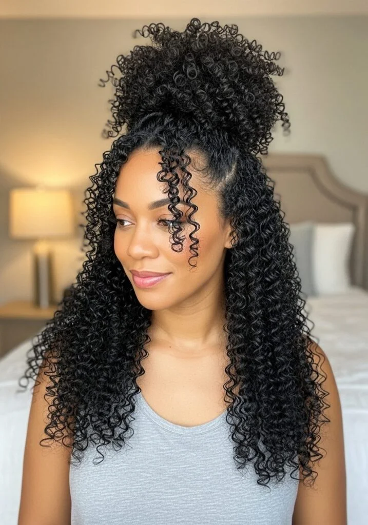 Woman with a pineapple ponytail in curly hair