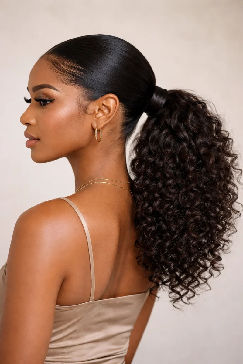 Woman with a low sleek curly ponytail