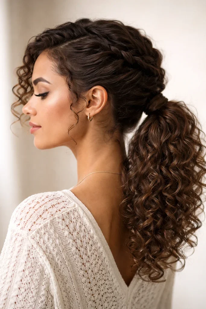 Woman with a side braid accent in curly hair