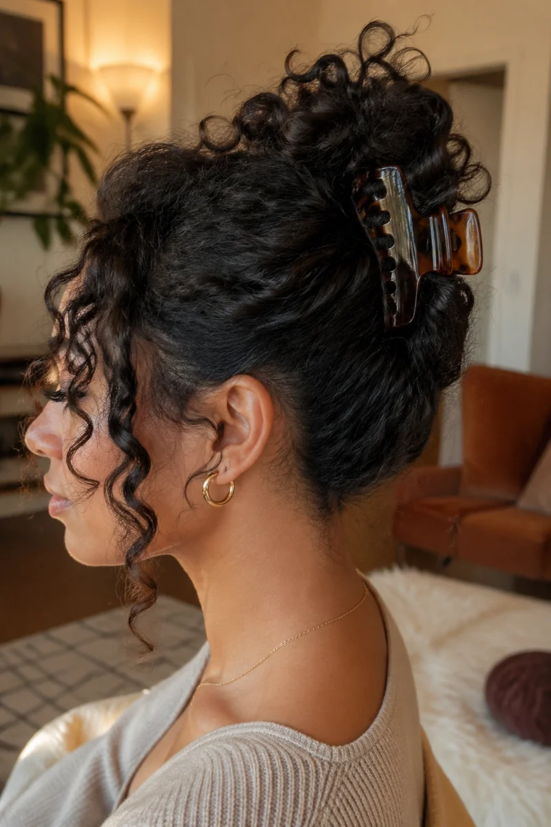 Woman with a claw clip updo in curly hair