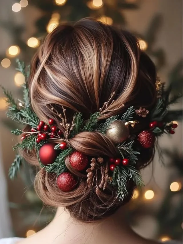 Brunette updo decorated with red baubles, gold ornaments, berries and evergreen sprigs.