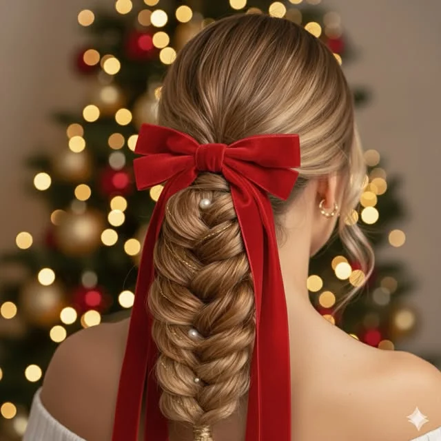 Blonde fishtail braid woven with small pearl beads and tied with a large red velvet bow.