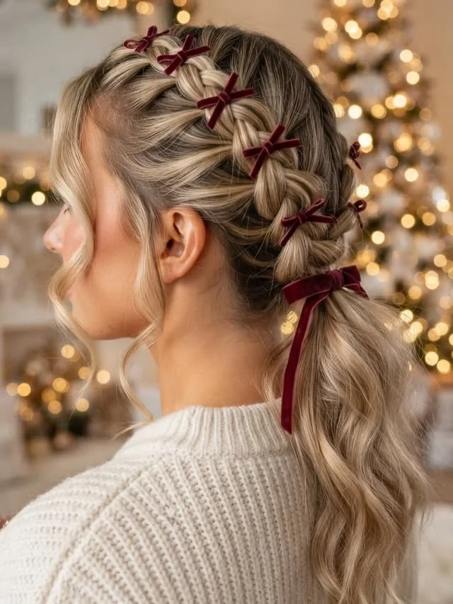 Blonde side braid dotted with tiny burgundy velvet bows, flowing into a wavy low ponytail.
