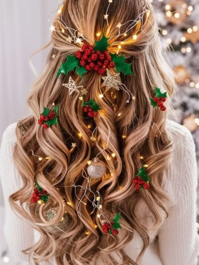 Long blonde curls decorated with holly sprigs, red berries, gold stars and glowing fairy lights.