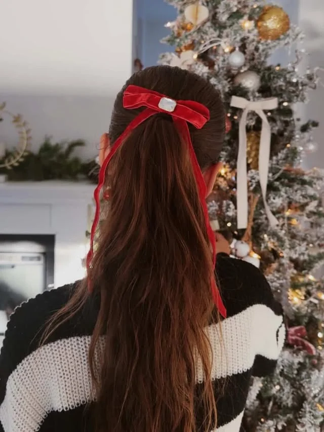 High brown ponytail topped with a red velvet bow featuring a sparkling jewel centerpiece.