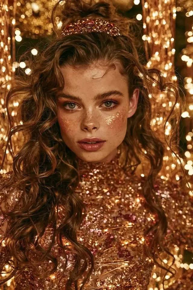 Half-up curly brown hair with a glittering golden tiara and shimmering makeup, against gold bokeh.
