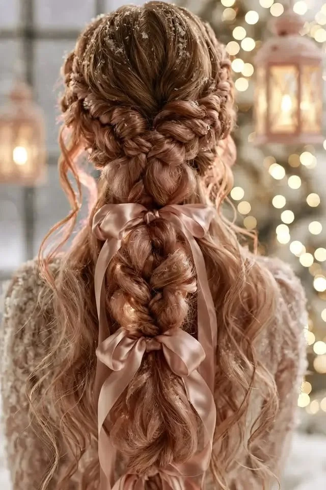 Multi-strand braided updo finished with blush-pink satin ribbons and a dusting of glitter.