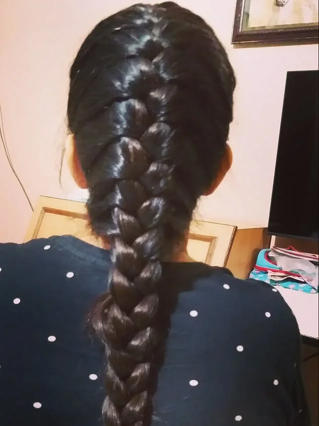 Back view of long dark hair styled into a neat French braid down the center.