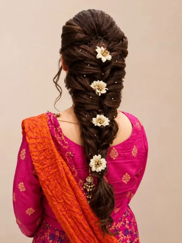 Rear view of a dark brown fishtail braid decorated with small white floral pins.