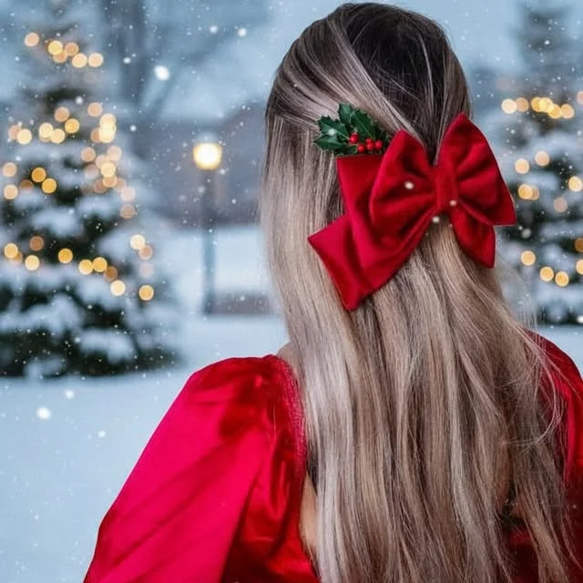 Half-up hairstyle with a red velvet bow and holly sprig against a snowy Christmas scene.