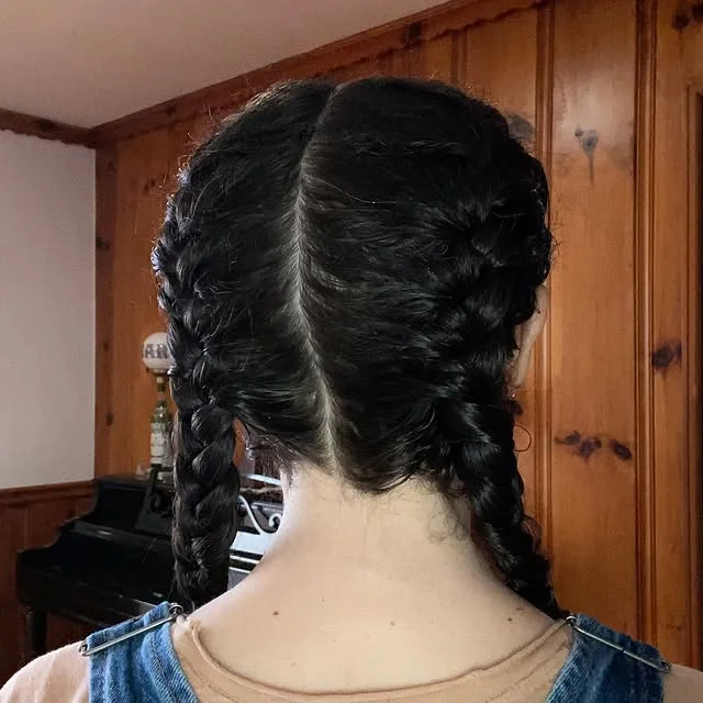 Back view of dark hair parted in the middle and styled into two French braids.