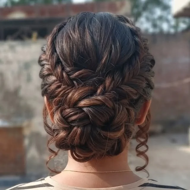 Dark brown hair in a fishtail braid gathered into a low twisted bun.
