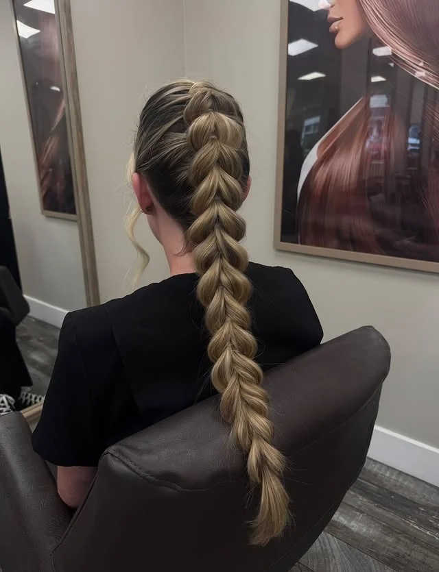 Long blonde chunky braid falling from a high ponytail, photographed from behind.