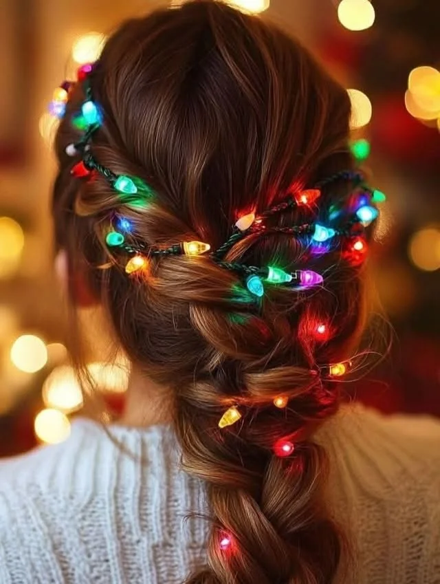 Brown hair in a loose braid woven with colorful Christmas string lights.