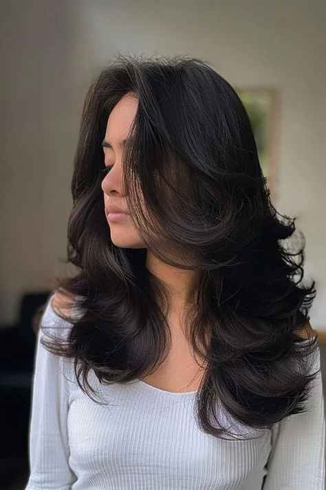 Voluminous layered curls on long hair