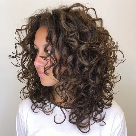 Woman with glossy defined spiral curls at medium length