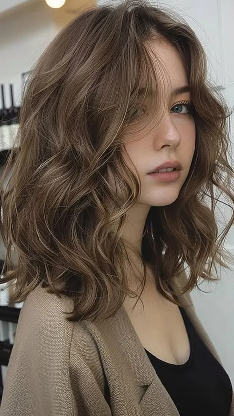 Woman with romantic loose wavy curls at medium length