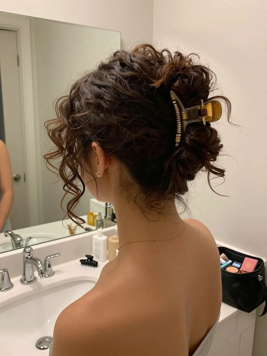 Woman with a claw clip curly updo