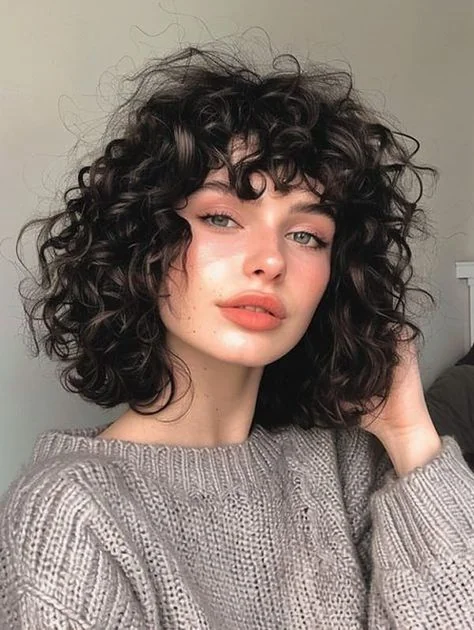 Woman with curly bangs framing her face