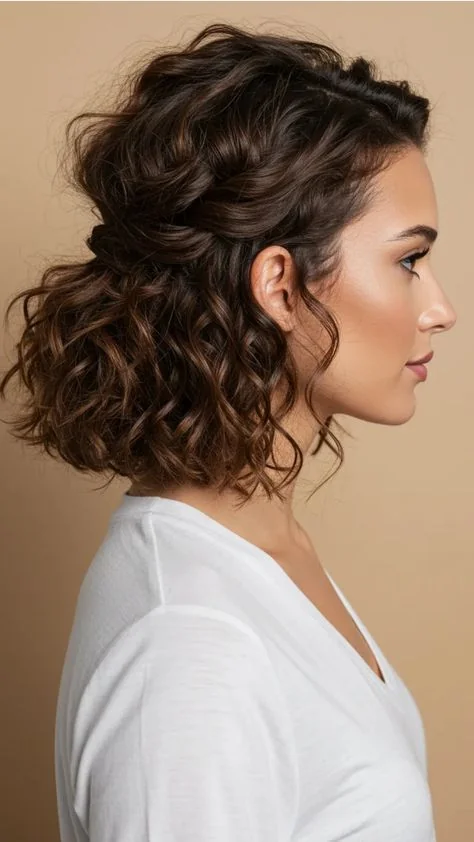 Woman with half-up twisted curls on medium hair