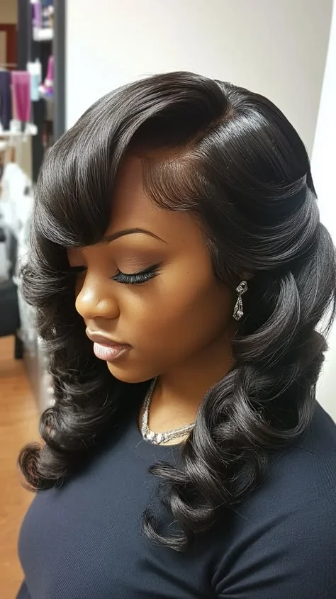 Woman with side-swept voluminous curls