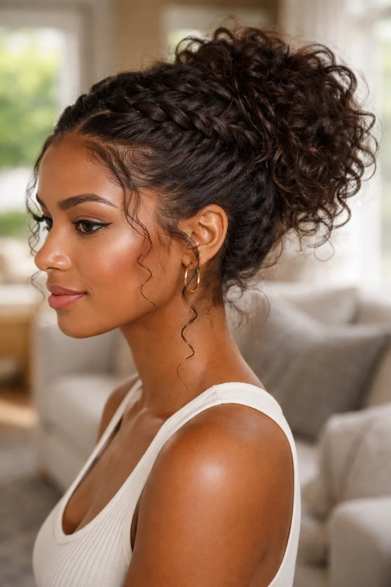 Woman with a braided crown accent in curly hair