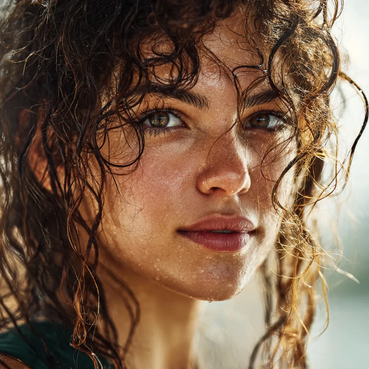 Woman with wet-look glossy curly hair