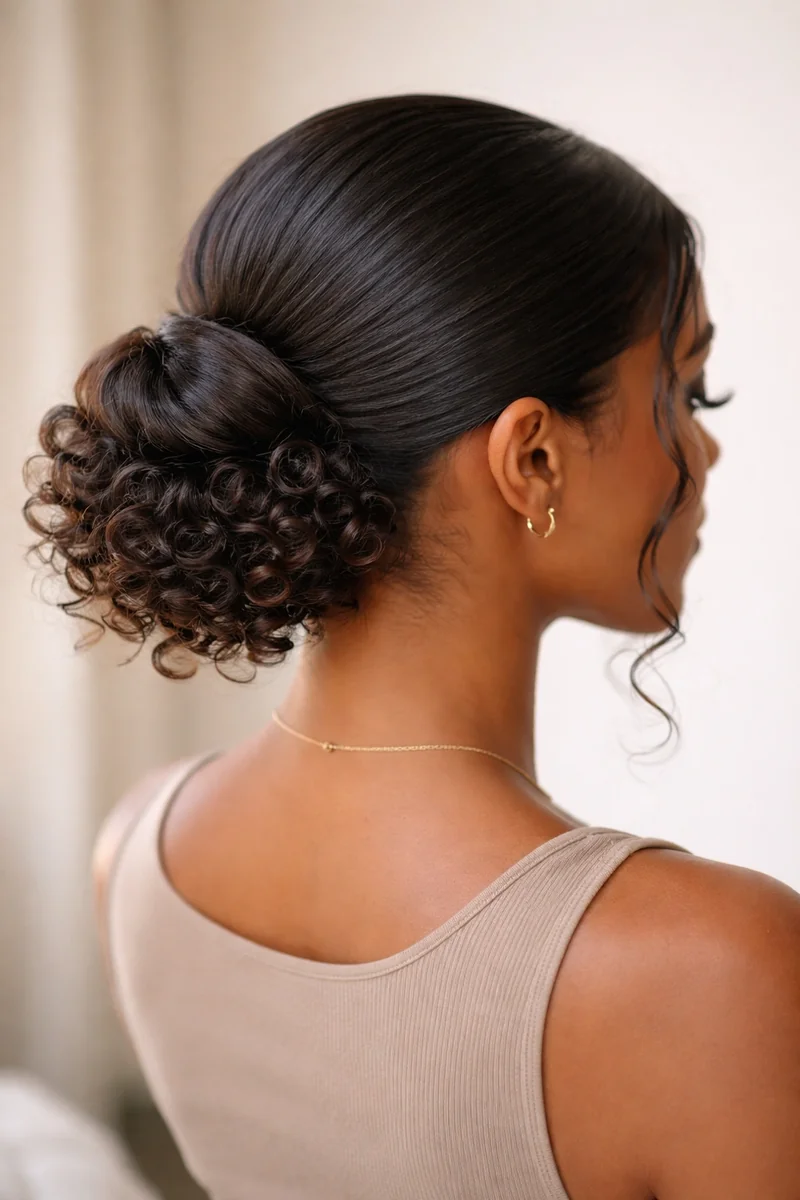 Woman with a low twisted curly bun