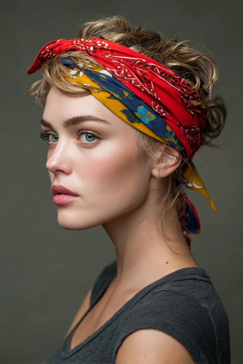 Woman with a bandana wrapped around curly hair