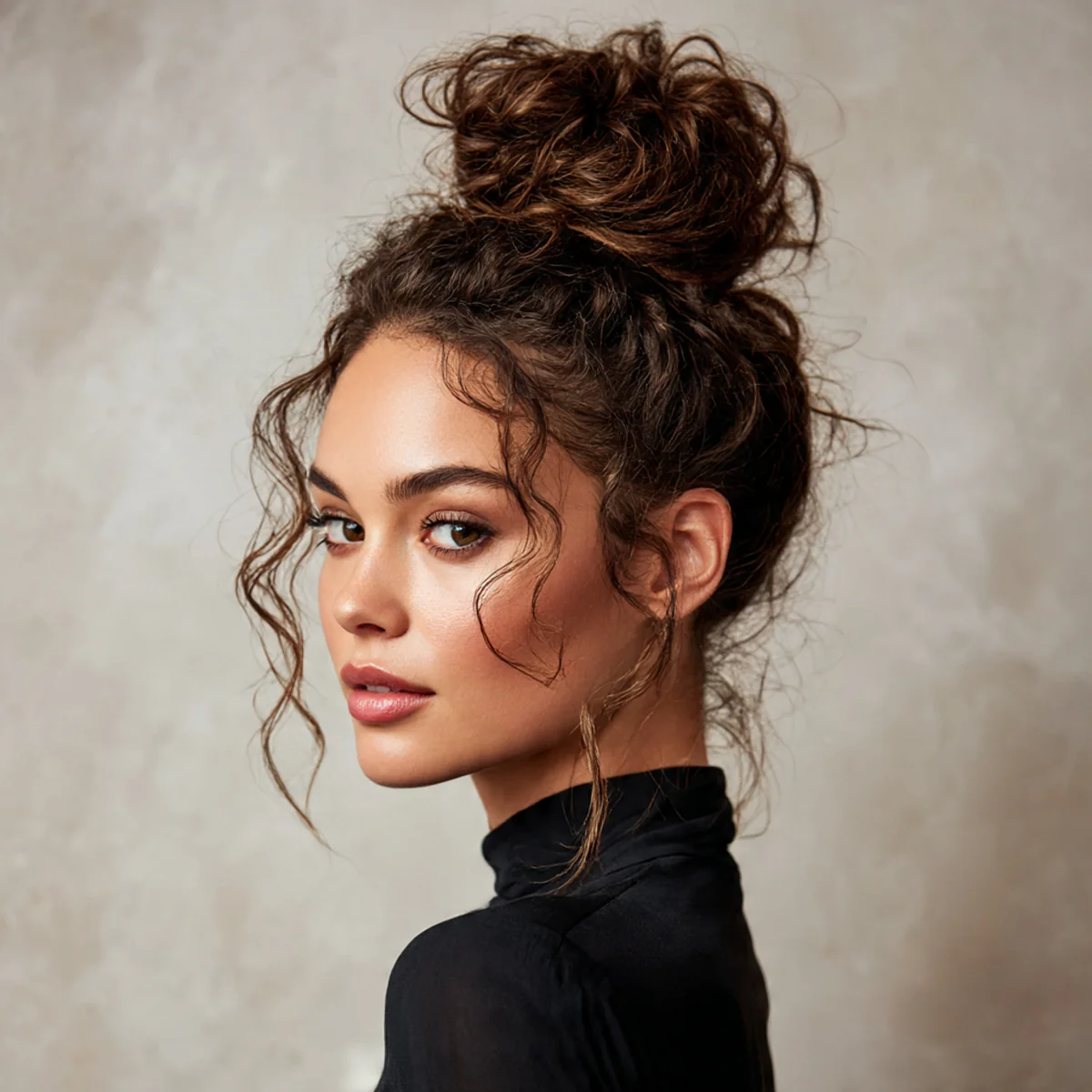 Woman with a high curly bun updo