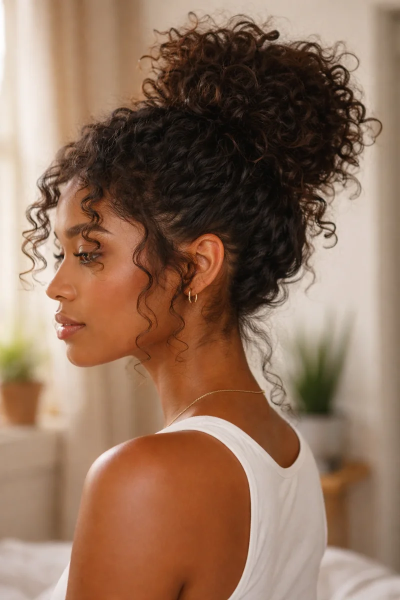 Woman with a messy curly top knot bun