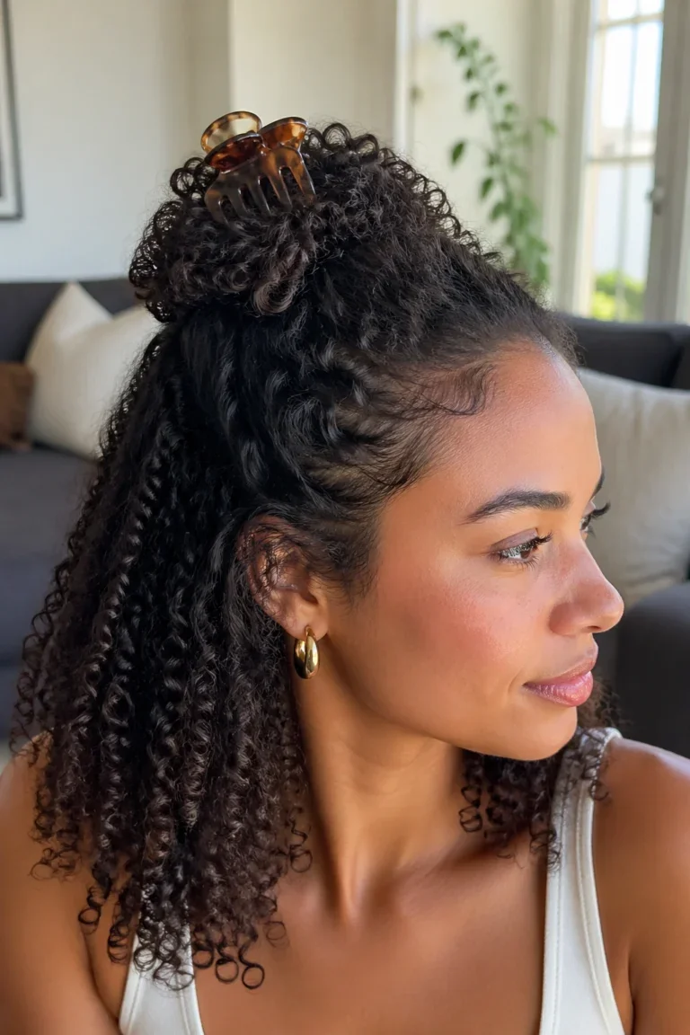 Woman with curly half up hair held by a claw clip