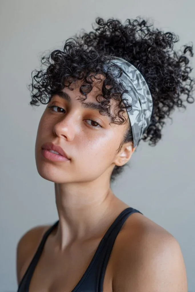 Woman with curly hair styled with a headband tuck