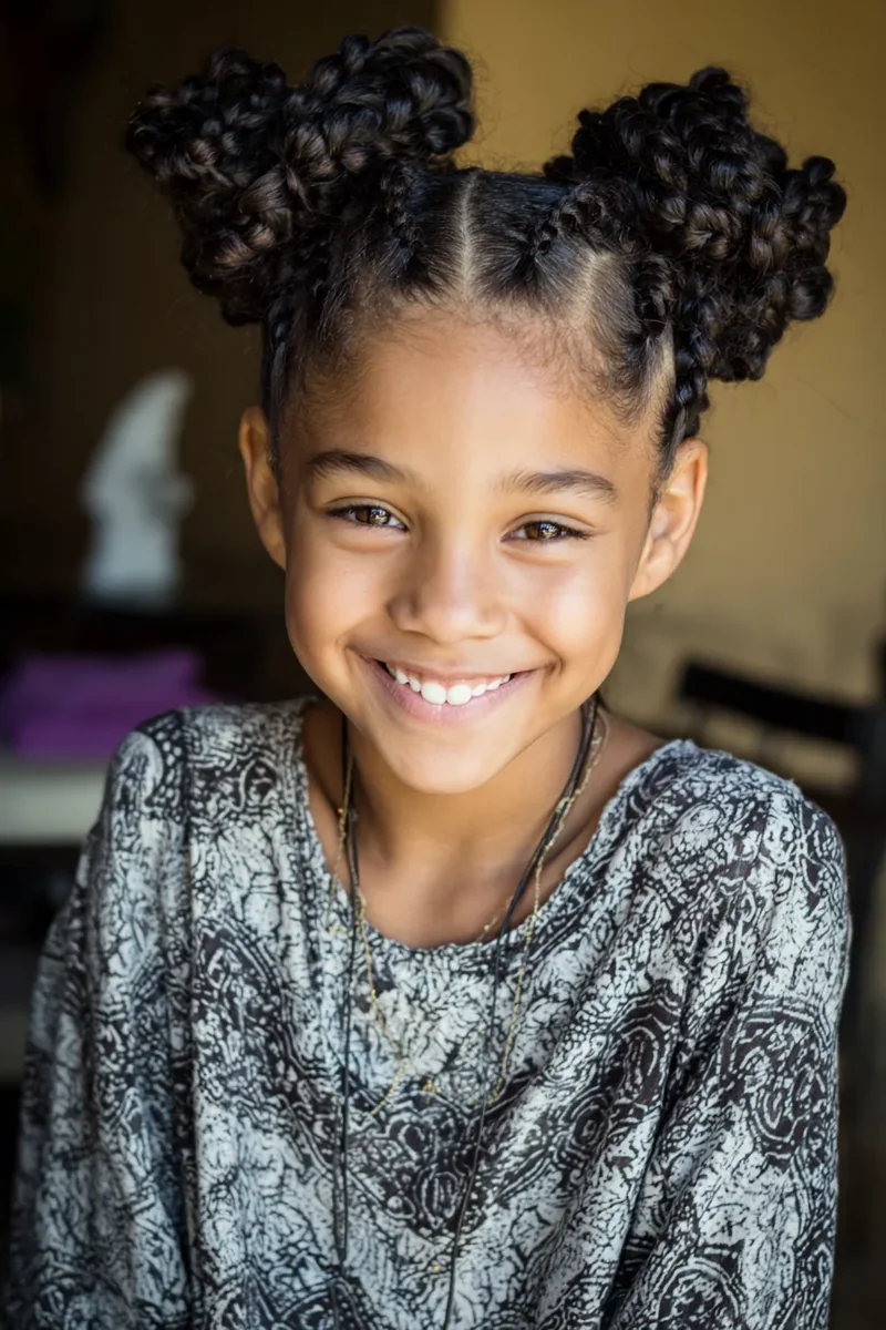 Girl with double space buns in curly hair