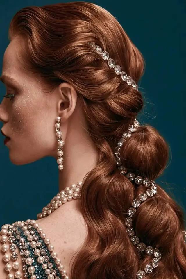 Side view of an auburn updo with a strand of large clear crystal jewels running down the back.